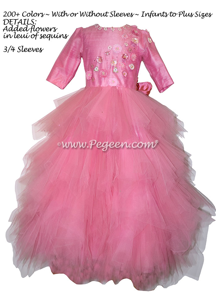 Rose and coral shades of tulle and appliqued bodice on flower girl dress