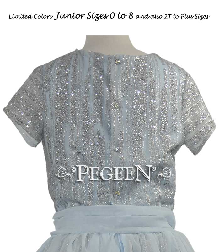 Embroidered Blue Ice, Platinum and Blue Silk and Tulle flower girl dresses