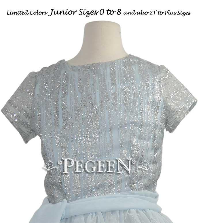 Embroidered Blue Ice, Platinum and Blue Silk and Tulle flower girl dresses