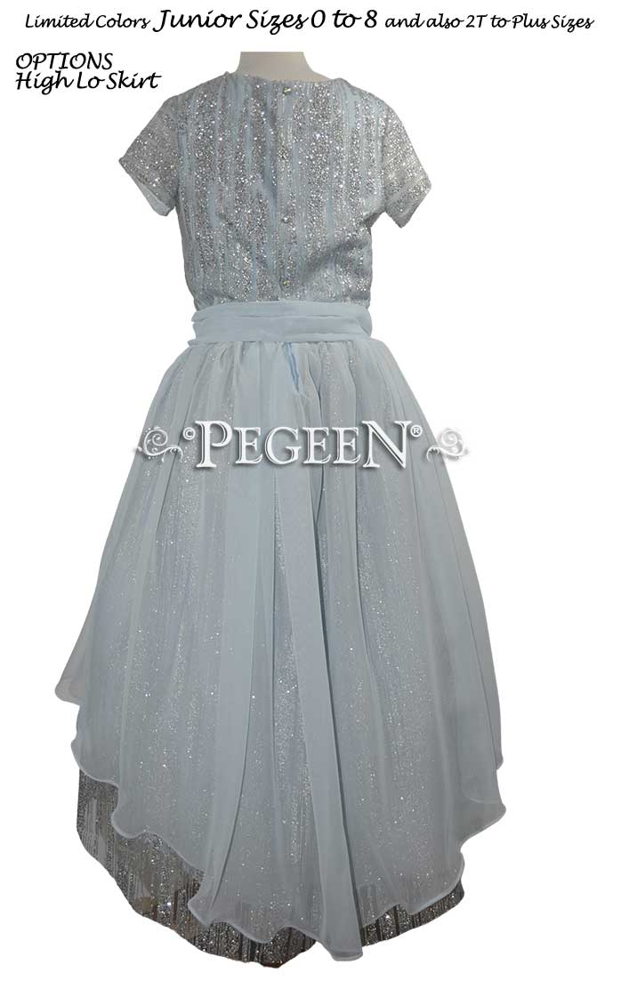Embroidered Blue Ice, Platinum and Blue Silk and Tulle flower girl dresses
