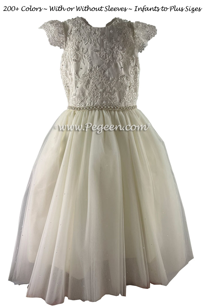 Flower Girl Dress in ivory silk and lace for Bat Mitzvah