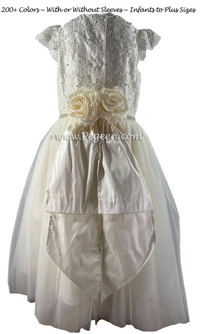 Flower Girl Dress in ivory silk and lace for Bat Mitzvah