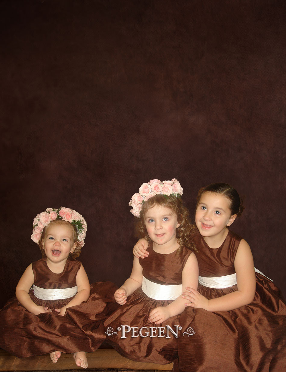 Brown and ivory silk flower girl dresses
