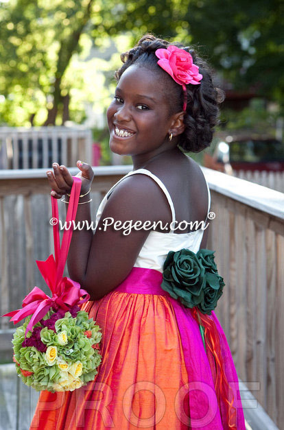 mango orange with a hot pink sash called Boing and green hand made silk flowers silk custom jr bridesmaids dress