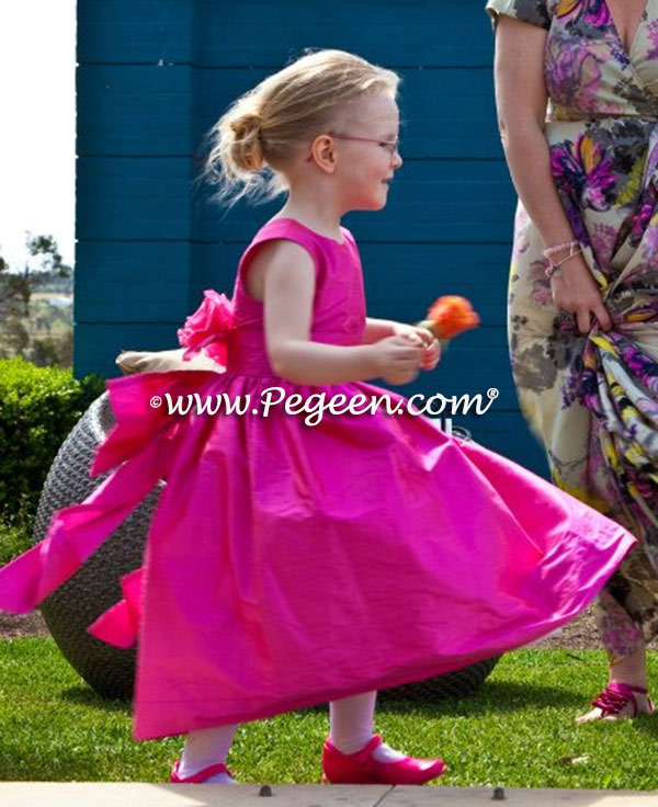 Shock pink silk flower girl dress