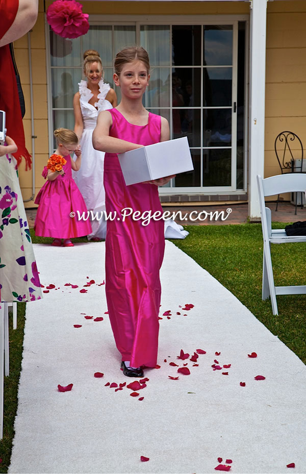 Shock pink silk jr bridesmaids dress