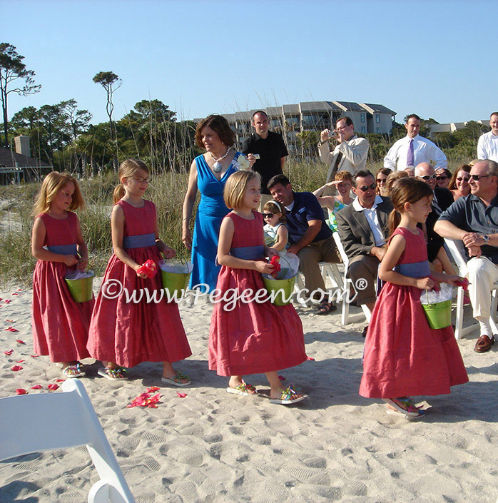 Lipstick pink and hydrangea blue beach wedding