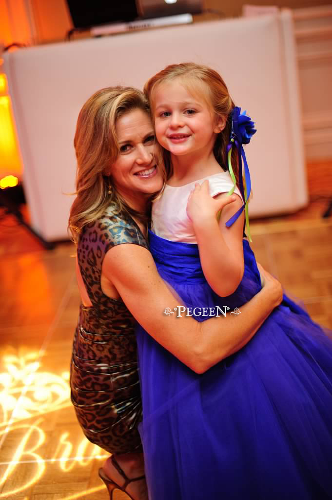 Bisque, royal purple, and Sapphire Blue Silk and  Tulle ballerina style FLOWER GIRL DRESSES with layers and layers of tulle