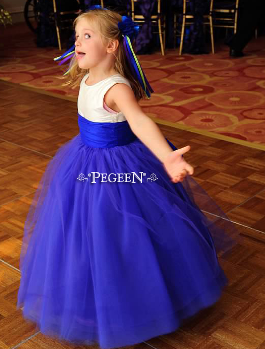 Bisque, royal purple, and Sapphire Blue Silk and  Tulle ballerina style FLOWER GIRL DRESSES with layers and layers of tulle