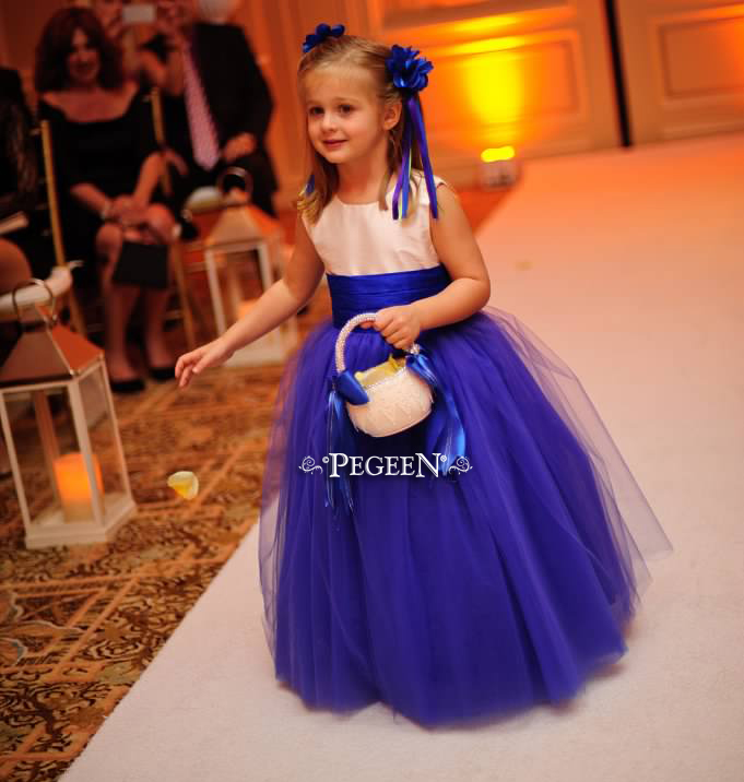 Bisque, royal purple, and Sapphire Blue Silk and  Tulle ballerina style FLOWER GIRL DRESSES with layers and layers of tulle