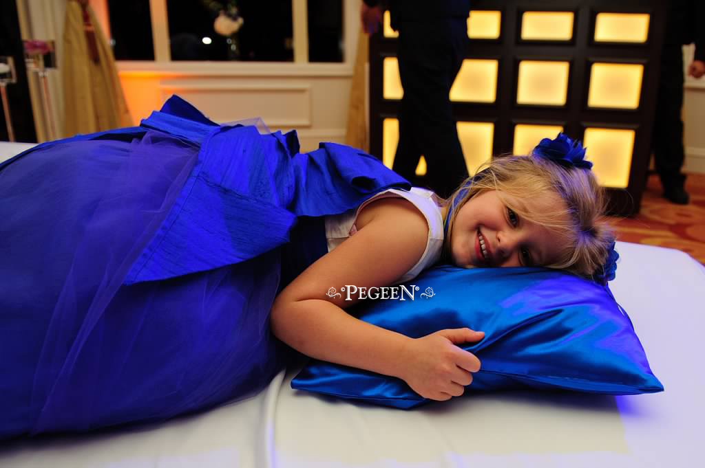 Bisque, royal purple, and Sapphire Blue Silk and  Tulle ballerina style FLOWER GIRL DRESSES with layers and layers of tulle