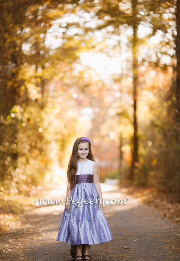 Gray, plum and lavender pin tucks and pearled silk flower girl dress | Pegeen
