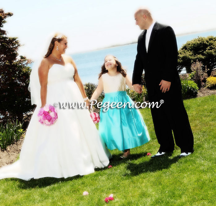 Tiffany Blue and Gold pintuck silk flower girl dress