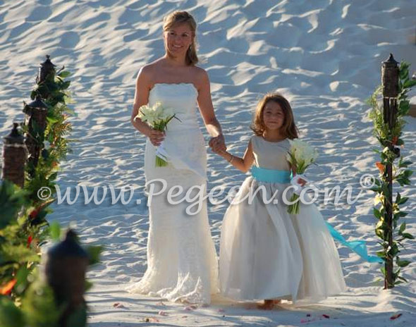 Champagne Flower Girl Dress with Aqua Sash