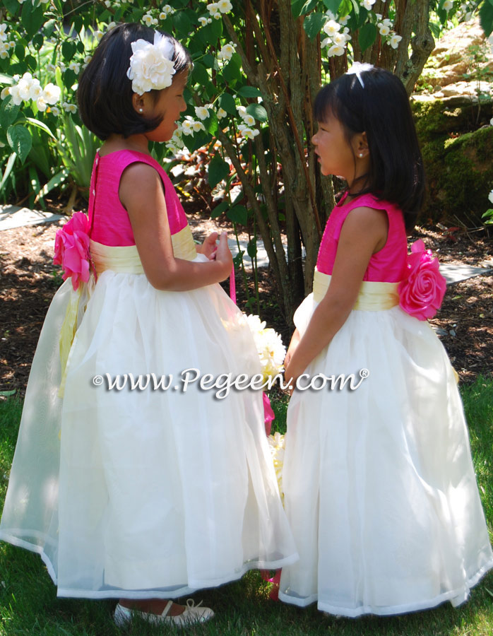 Hot pink and lemon yelllow silk flower girl dresses