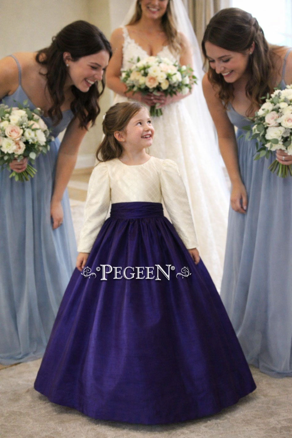 White and Grape Pintuck Long Sleeve Flower Girl Dress