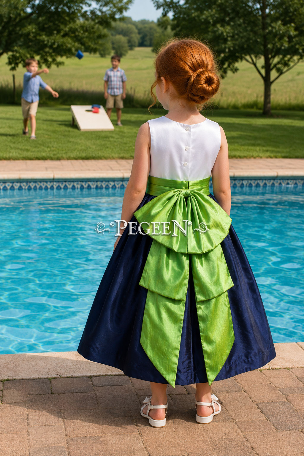 Navy Silk with antique white bodice and Key Lime Green silk Flower Girl Dresses