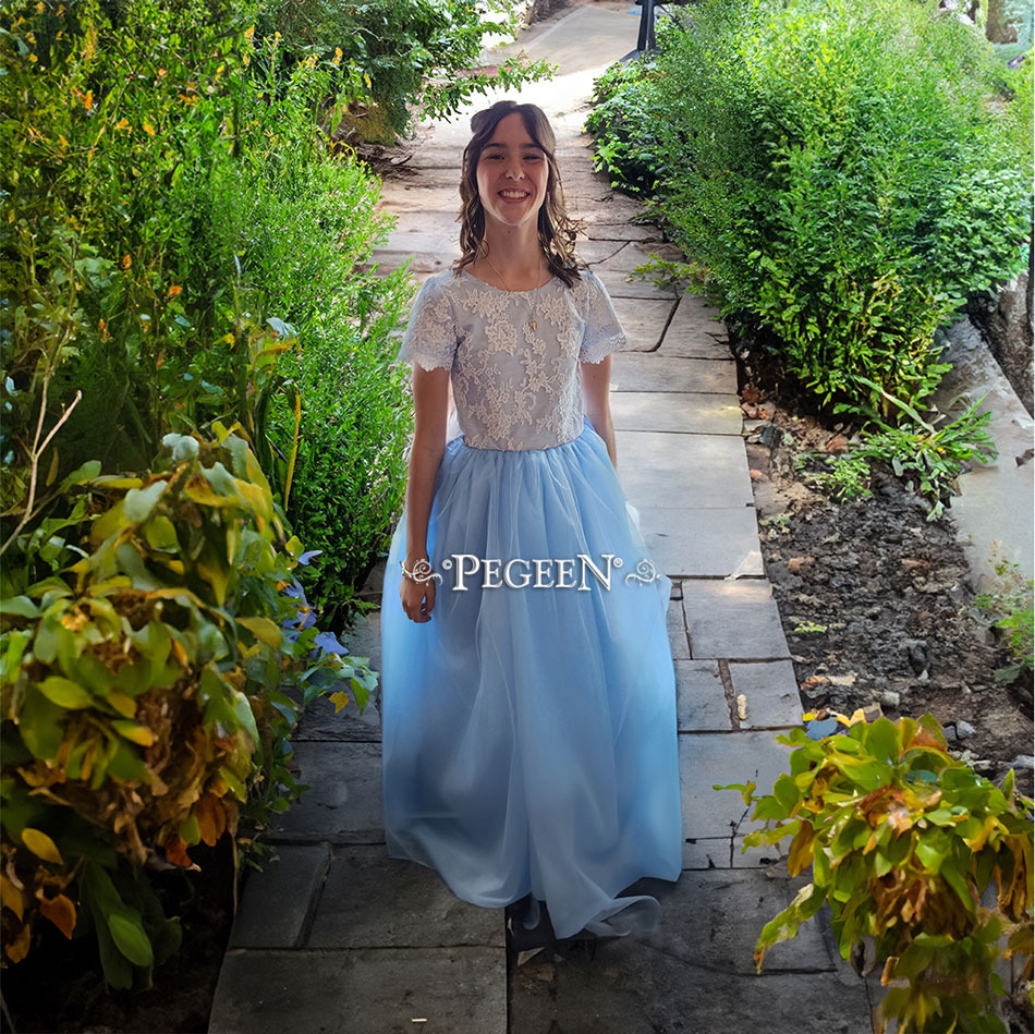 Wind blue and ivory aloncon tulle flower girl dress