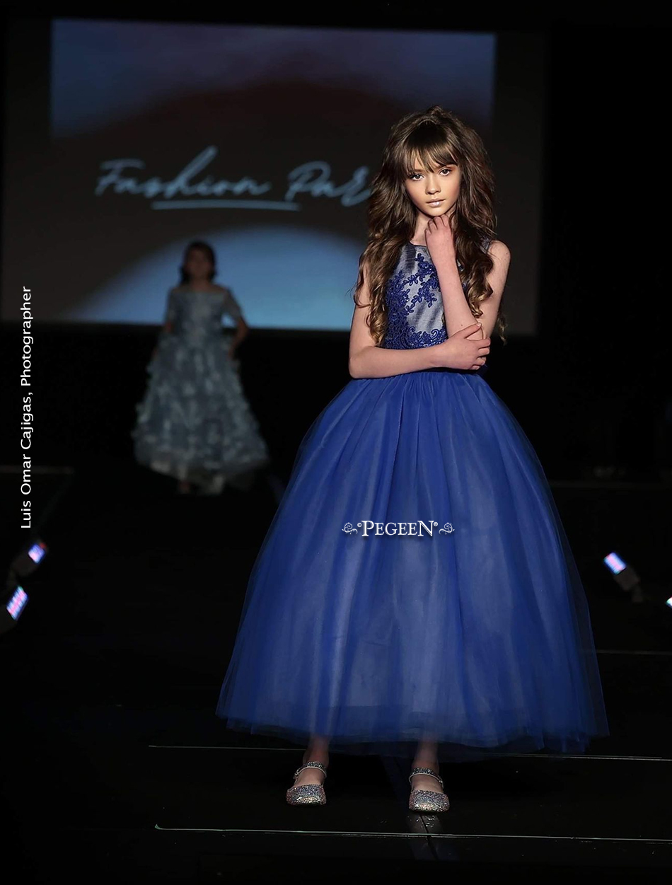 Flower girl dress Royal Blue tulle and Cloud Blue silk with aloncon lace and beading Style 402