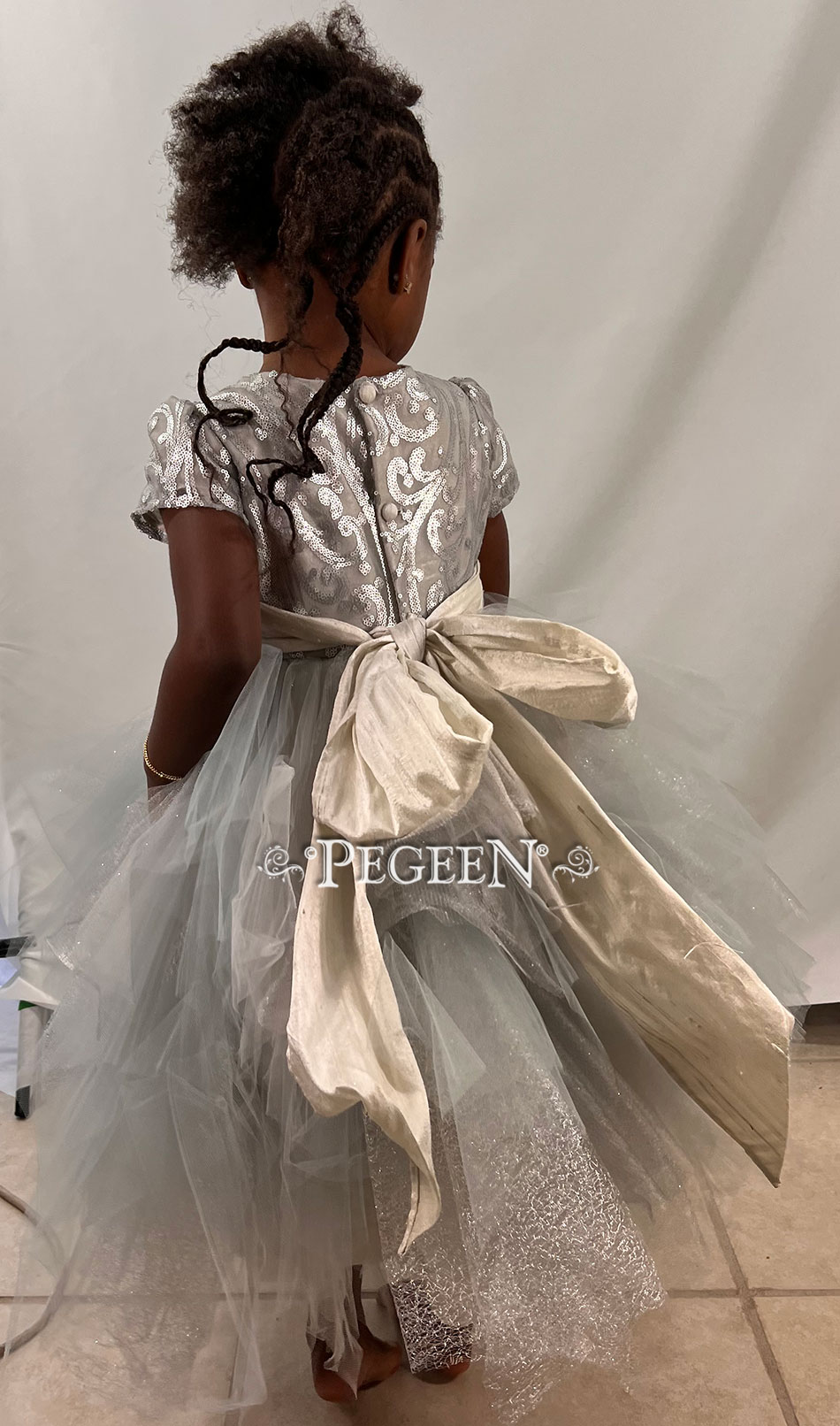 Silver Fluffy Tulle, Sequin Bodice Flower Girl Dress