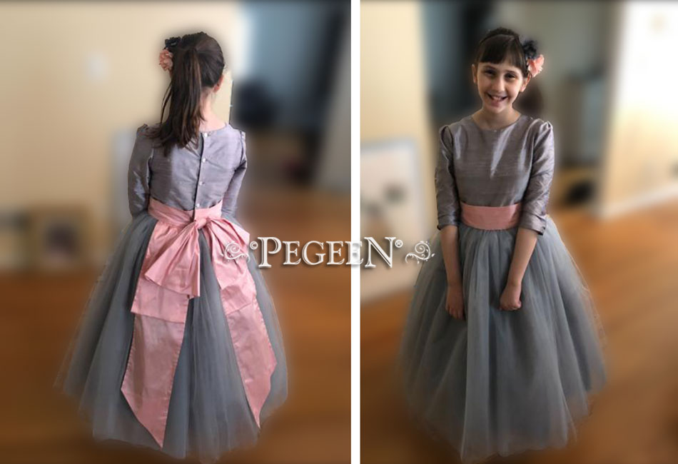 Silver Gray tulle flower girl dress with pink Cinderella sash