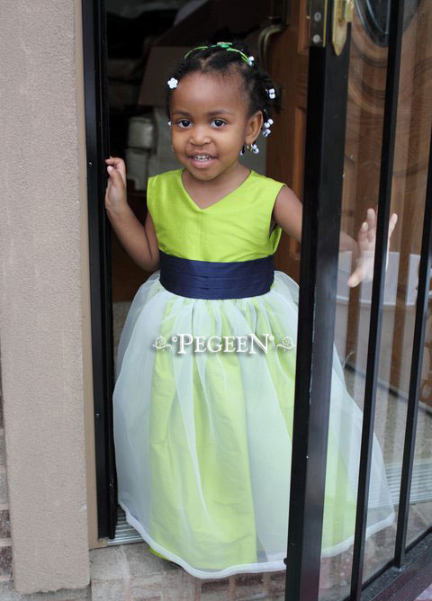 Chartreuse green and navy flower girl dress