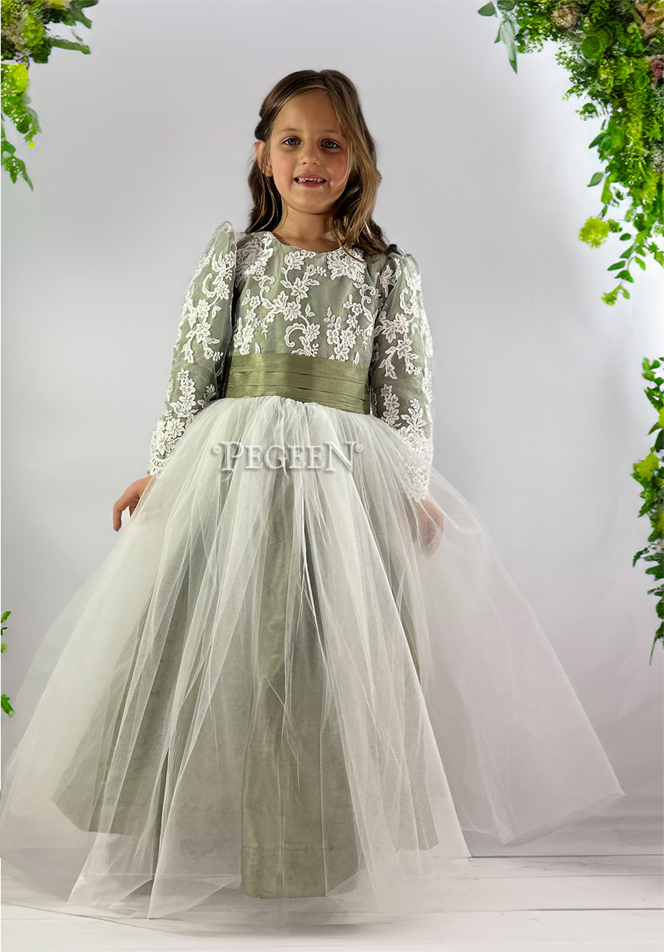 Sage Green Silk, Aloncon Lace and Ivory Tulle Flower GIirl Dress