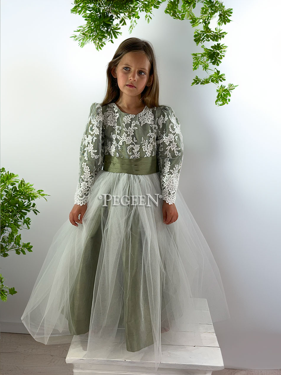 Sage Green Silk, Aloncon Lace and Ivory Tulle Flower GIirl Dress