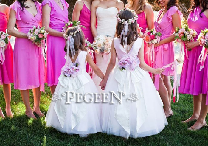 Flower girl dress Style 402 in white and peopy pink silk with hot pink flowers