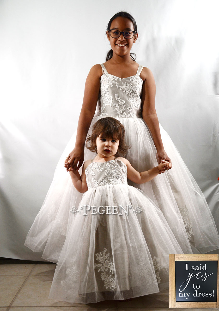 Flower girl dress in toffee silk with aloncon lace