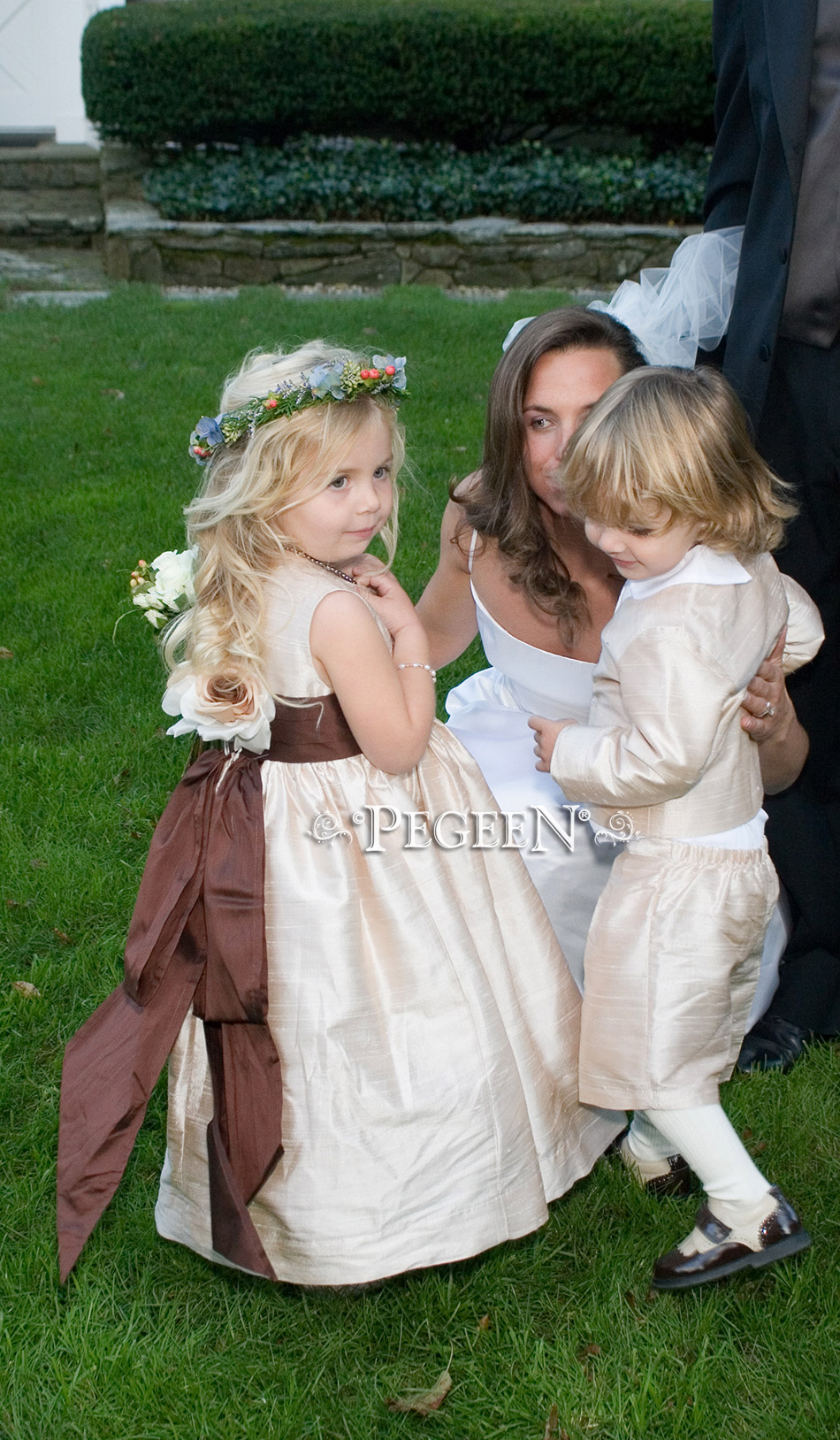 Ivory (toffee) flower girl dress and ring bearer suit