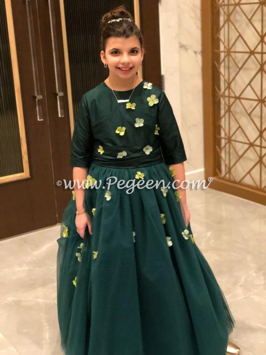 Long Sleeve Forest Green Jr Bridesmaids Dress