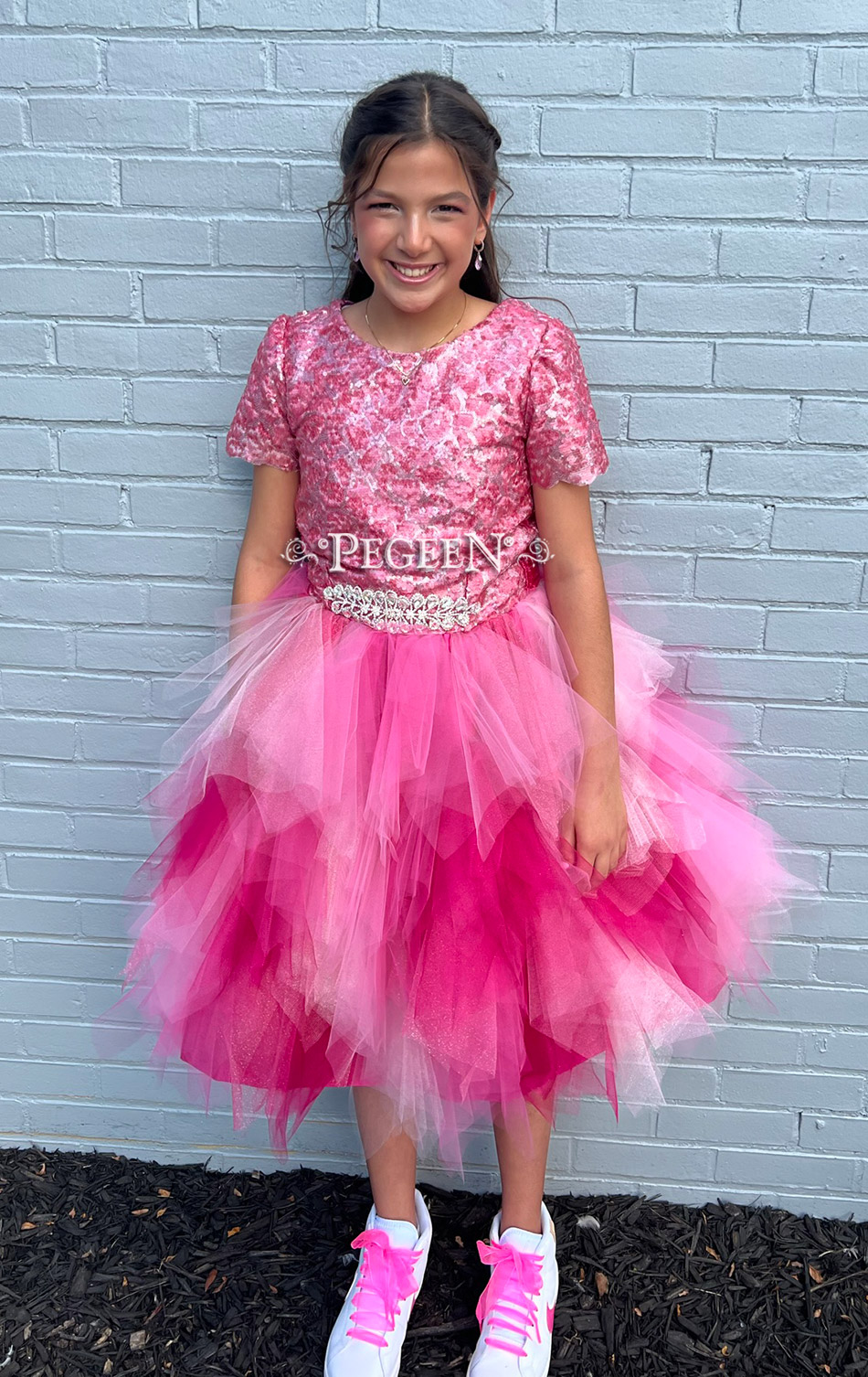 Bat Mitzvah Dress in shocking pink silk and tulle, knee length