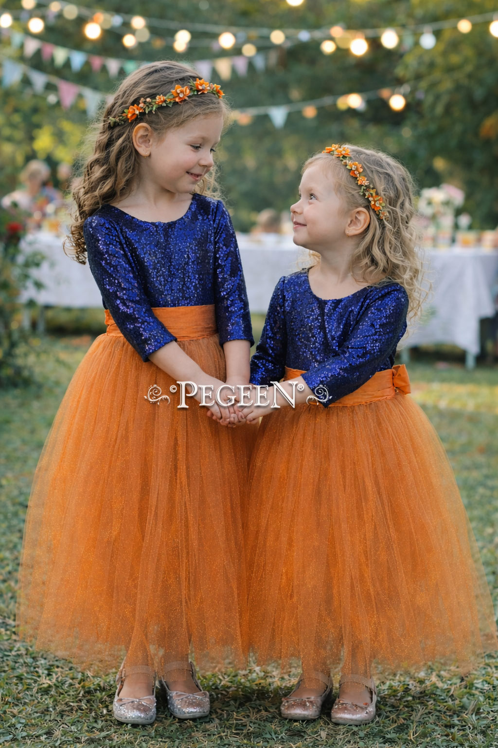Custom Flower Girl Dress in Pumpkin Silk and Tulle with Navy Sequins