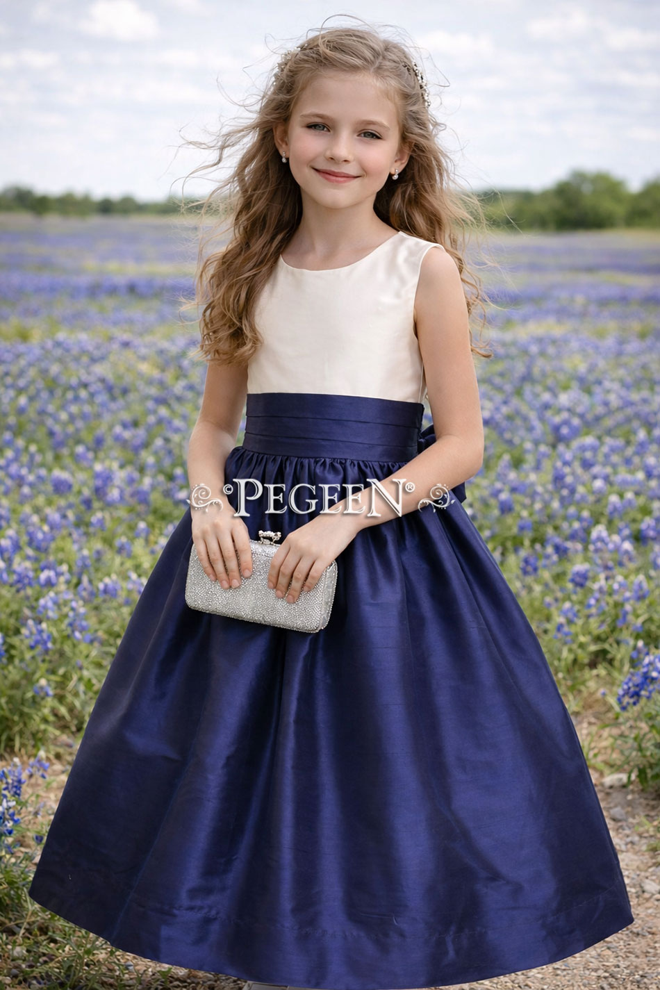 Custom Flower Girl Dress in Midnight Blue and Bisque Silks Custom Flower Girl Dress in Midnight Blue and Bisque Silk