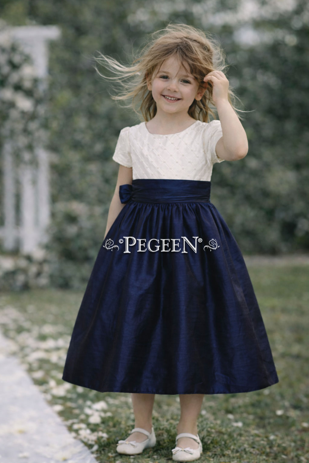 409 Navy and Trellis Skirt Flower Girl Dress