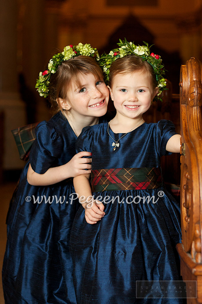 Navy and Christmas Plaid Flower Girl Dress