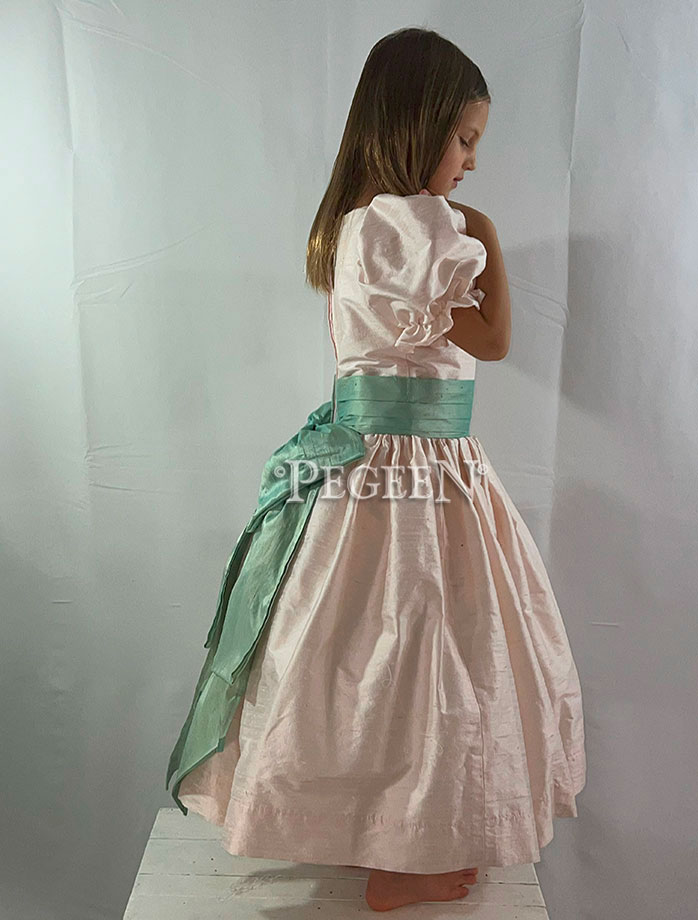 Pink silk and green cinderella sashes for Nutcracker Costumes