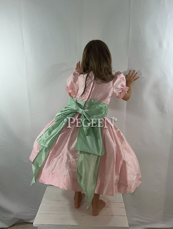 Pink silk and green cinderella sashes for Nutcracker Costumes