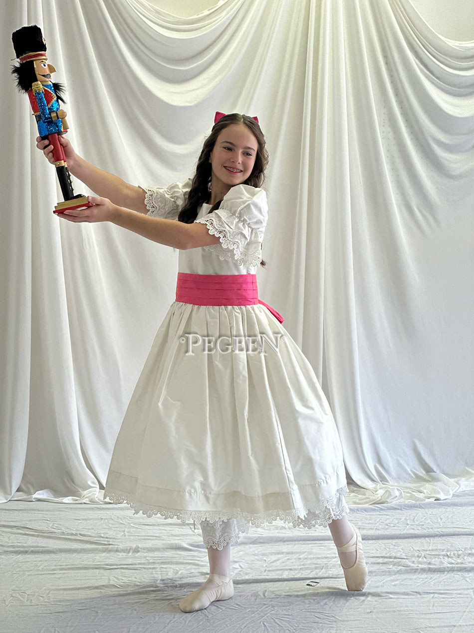 White silk with Barbie pink CInderella Sash for Nutcracker Costumes