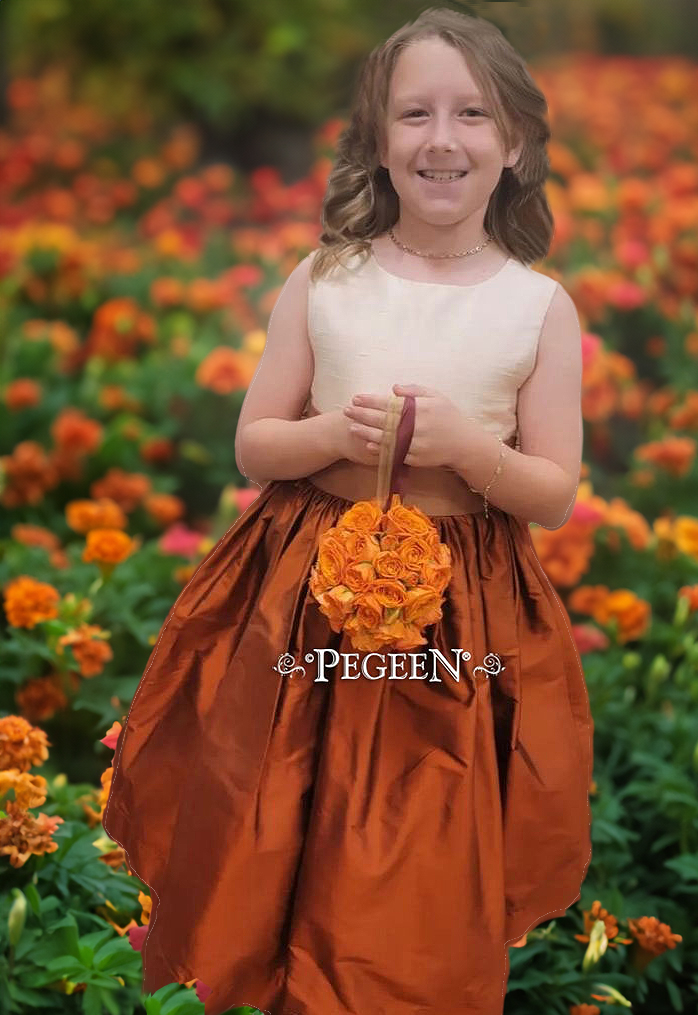 Gorgeous Mountain Fall Silk accented with bisque and ginger sash Flower Girl Dress