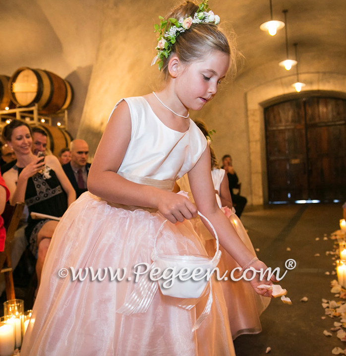 Pink and Champagne Toffee Silk Flower Girl Dress by Pegeen.com