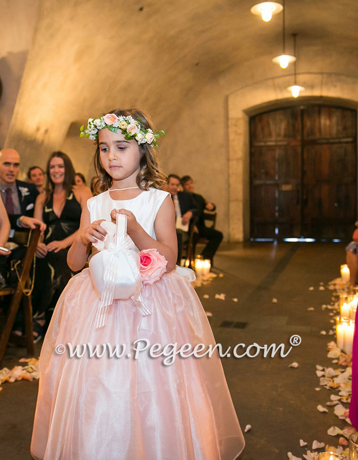 Pink and Champagne Toffee Silk Flower Girl Dress by Pegeen.com