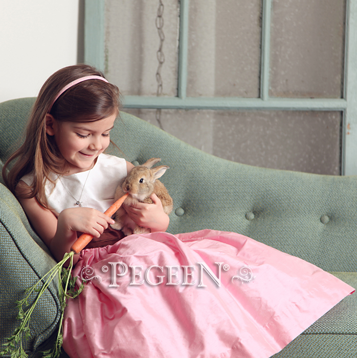 Hibiscus Pink Antique White and Chocolate FLOWER GIRL DRESSES with bustle and flowers