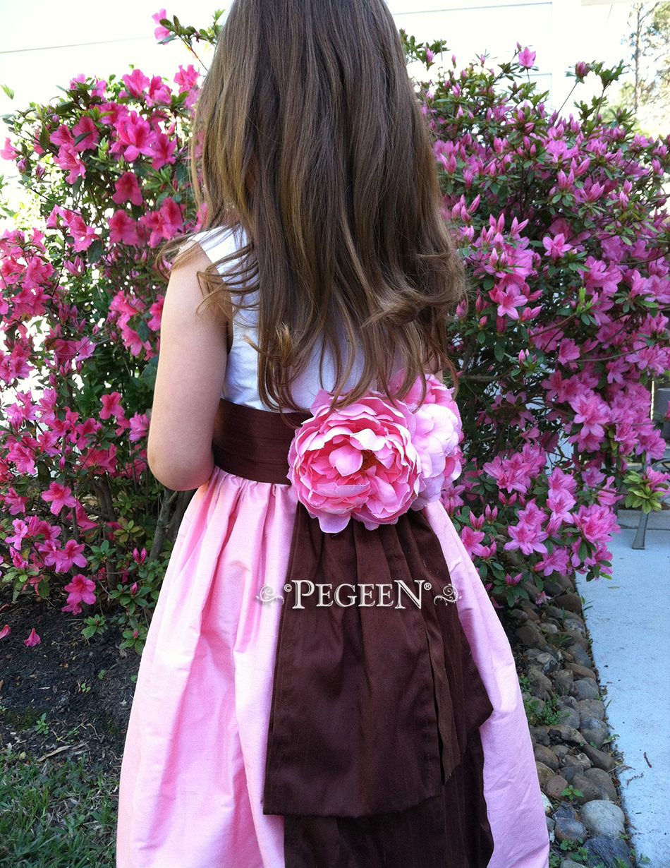 Bubblegum pink silk flower girl dress with peony flower trim
