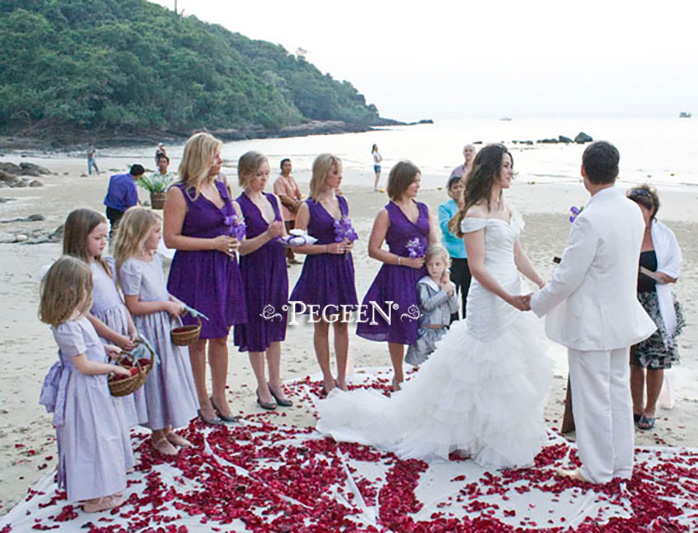 Gray boys sailor suits go perfect with these lilac flower girl dresses