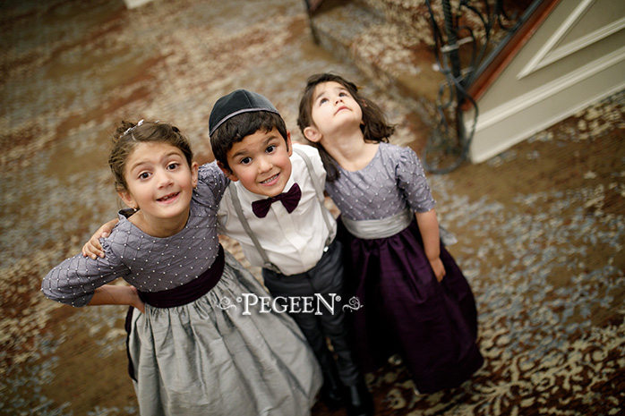 Victorian purple, eggplant and platinum grey silk flower girl dresses