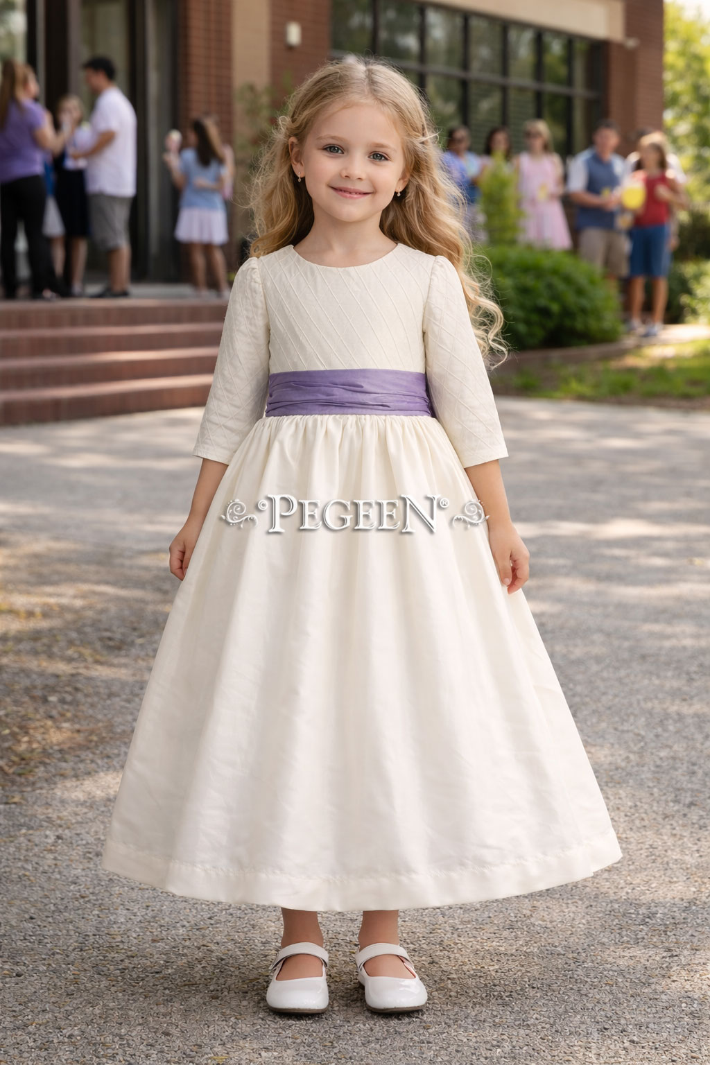 White and Lilac Pintuck Long Sleeve Flower Girl Dress