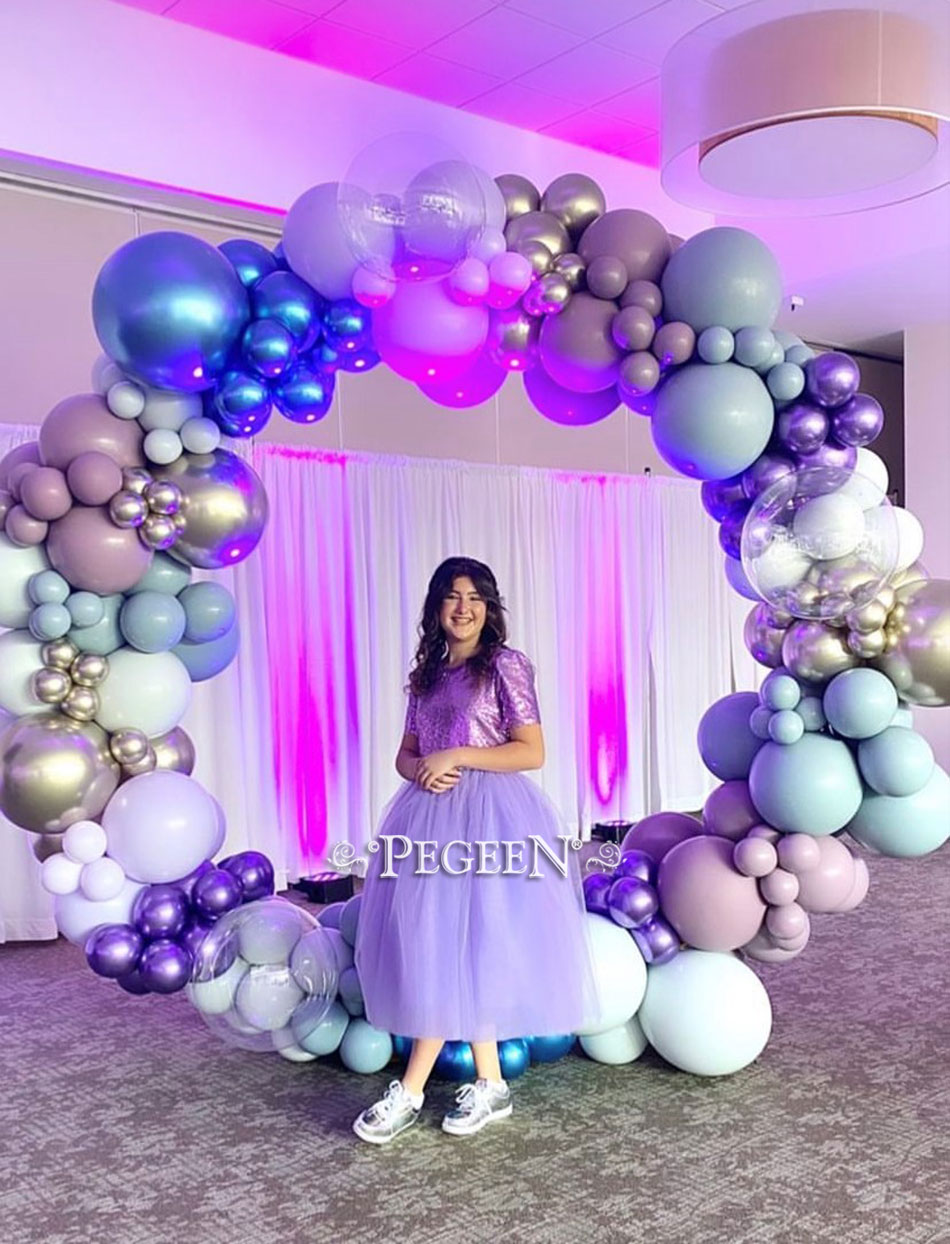 Bat Mitzvah dress in amethyst sequins and purple tulle shades