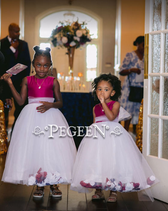 Cranberry flower girl dresses with petals in the skirt